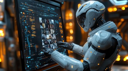 An android edits visuals on a large holographic display in a futuristic workspace at night