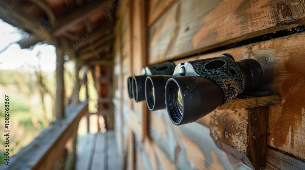 Poster an immersive birdwatching experience in a nature reserve, binoculars set up for birdwatching in a bi
