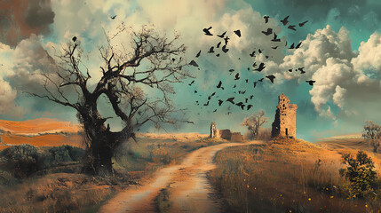 A surreal landscape composed of shifting, ephemeral elements, constantly disappearing and reappearing, a representation of the fleeting nature of time and reality. Ephemeral. Illustration