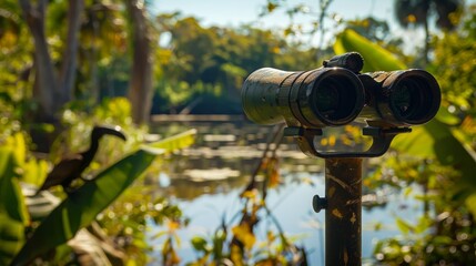 An immersive birdwatching experience in a secluded bird sanctuary, Binoculars set up for observing rare bird species, Naturalist exploration style