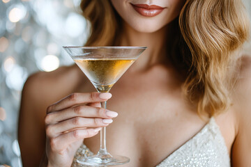 An elegant woman holding an expensive martini, pastel color palette.