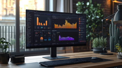 modern office desk with computer displaying business intelligence dashboard, featuring colorful graphs and charts, is set in well lit room with plants and large window