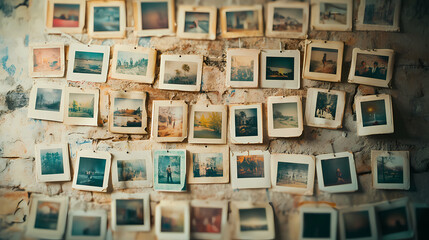 A wall of memories: vintage polaroid snapshots pinned to a wall, each photo a window to a cherished moment frozen in time, evoking nostalgia and the beauty of the past. Ephemeral. Illustration