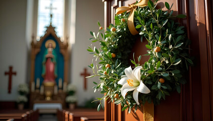 Fototapeta premium close-up ornate Easter wreath with lilies, and gold ribbon near Virgin Mary icon in Catholic church