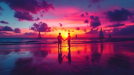 Fototapeta premium Two people shaking hands on a sandy beach during a vibrant sunset, sky painted with shades of pink and purple, distant sailboats on the horizon, reflections of the sun's glow on the wet sand,