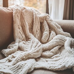 Warm knitted blanket creating cozy atmosphere on sofa in living room