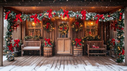 Fototapeta premium Snow-covered Christmas porch with wooden cabin and garlands