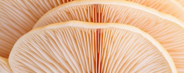 Close-Up of Beautiful Mushroom Gills Showcasing Intricate Patterns and Textures, Highlighting Nature's Fungi in Soft Lighting and Warm Tones