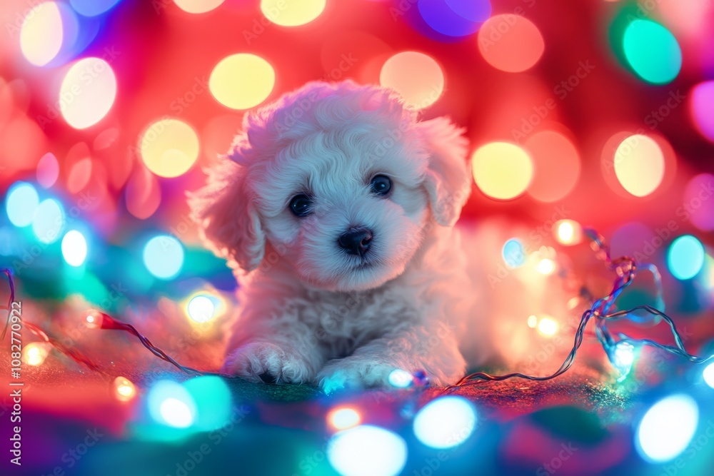 Wall mural A fluffy bichon puppy playfully surrounded by colorful party lights in a festive celebration setting