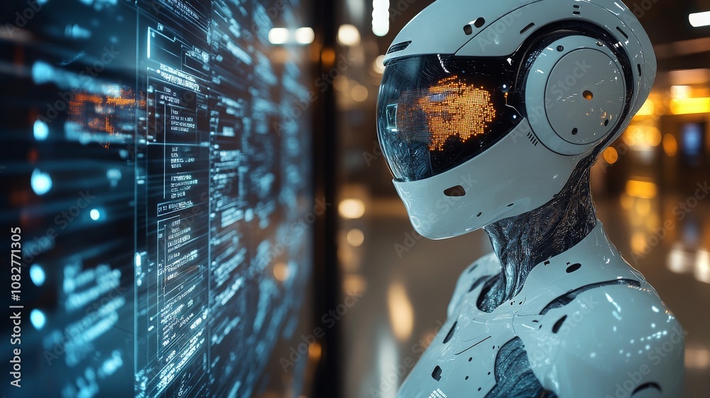 Poster an android interacts with a high-tech smart mirror in a futuristic environment