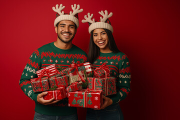 Felicidad Compartida: Una Pareja Hispana con Suéteres y Regalos Navideños en Fondo Rojo Celebrando la Festividad con Amor.