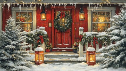 Fototapeta premium A Snowy Christmas Eve on a Red Door Porch