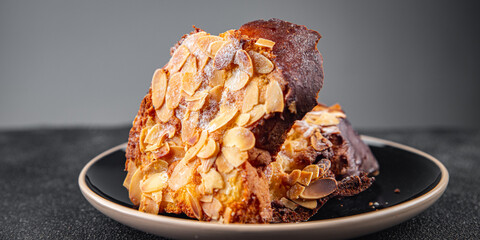 Brioche sweet almond french toast fresh tasty food dish delicious gourmet food background on the table rustic food top view copy space