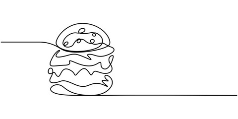Hamburger in one line drawing. Minimalist fast food concept, Fast Food continuous line drawing with color shapes, Hamburger Continuous Line Illustration, Single continuous line drawing representing.
