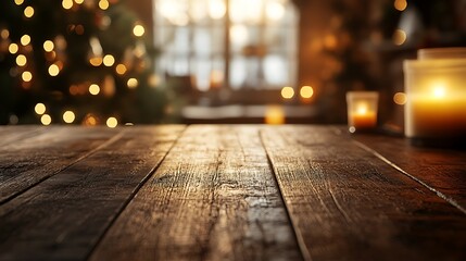 Close-up of an empty rustic table with softly blurred holiday candles glowing in the background, creating a warm and intimate Christmas ambiance. --ar 16:9