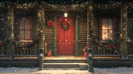 Fototapeta premium A Cozy Cabin Decorated for Christmas with Snow Falling