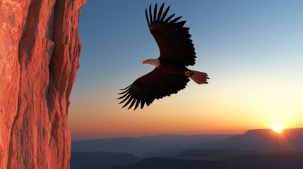 Obraz premium An eagle mid-flight over a rugged canyon with its wings spread wide against a vivid blue sky