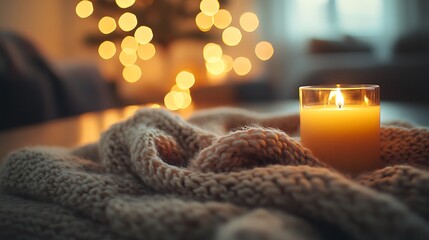 Close-up of an empty table, softly blurred background featuring cozy holiday items like knitted blankets, gentle candlelight, and Christmas lights, evoking hygge comfort. --ar 16:9