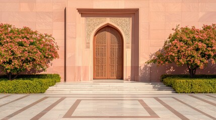 Fototapeta premium An intricately carved temple door framed by blooming trees, showcasing timeless craftsmanship