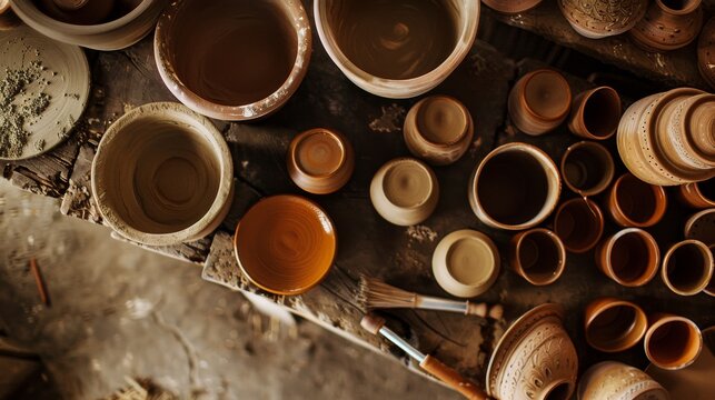 An immersive pottery workshop with clay tools and hands-on pottery making, Pottery tools amidst interactive pottery workshop, Artisanal pottery style