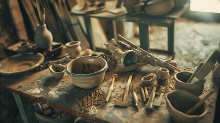 An immersive pottery workshop with clay tools and hands-on pottery making, Pottery tools amidst interactive pottery workshop, Artisanal pottery style