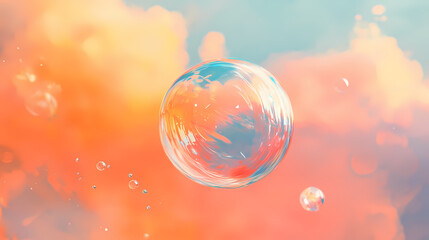 A bubble frozen mid-air against a colorful, blurred background, capturing its ephemeral nature. Ephemeral. Illustration