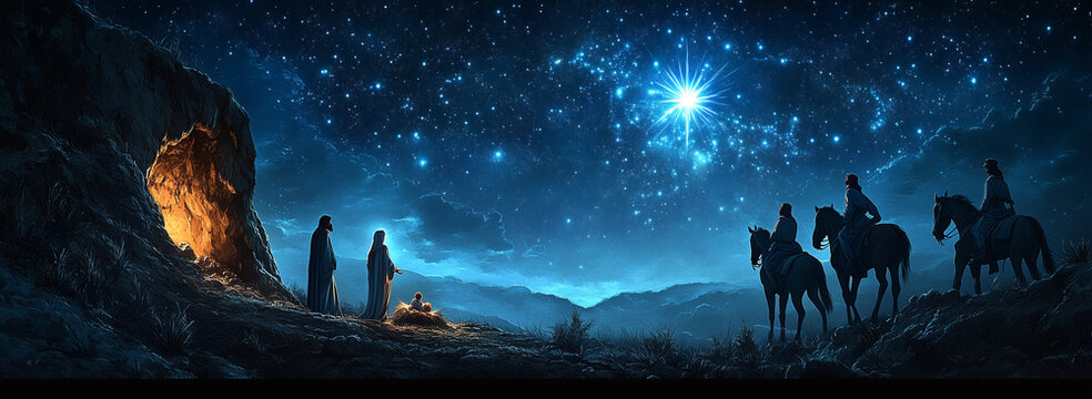 Escena sagrada de Navidad: la estrella brilla sobre la cueva, mientras los Reyes Magos encuentran al ni&ntilde;o Jes&uacute;s bajo el cielo nocturno