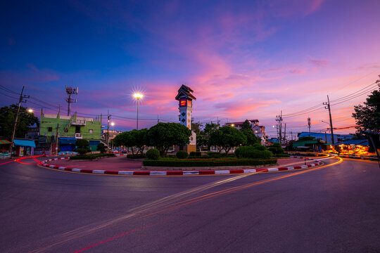 Clock Tower, Roundabout Road,Clock Tower in the evening, Tha Chalom, Samut Sakhon Province, Thailand 