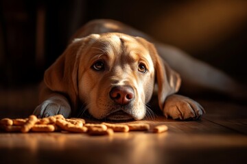A curious Labrador puppy relaxes on wooden floor next to treats in warm light, showcasing a soft expression