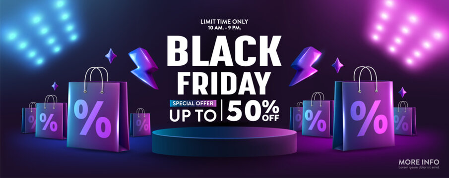 Black Friday Sale Banner with Shopping Bags and Discount Symbols,Neon Lights and Special Offer,Modern Black and Dark Background for Black Friday Marketing and Promotions