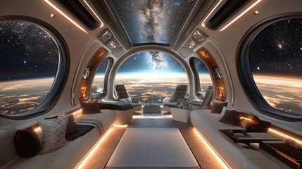Explore the Cosmos: A Glimpse Inside a Futuristic Space Station, Featuring Sleek Technology and a Breathtaking View of Stars and Celestial Bodies in the Endless Milky Way