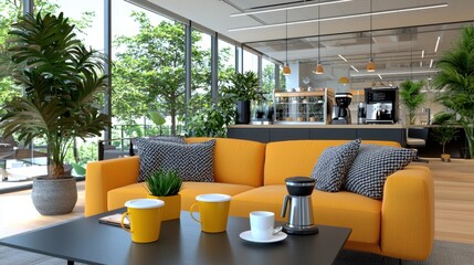 Yellow sofa with coffee mugs and a coffee maker on a black table in a modern office lounge with large windows.