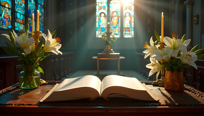 Open Bible with Lilies and Candles in Church Interior, Church Service