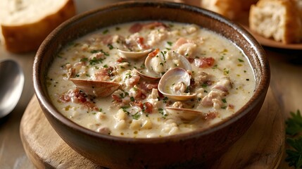 Food, Salty Dish, Clam Chowder, on White Background, Photo Realistic, Wallpaper, Cover and Screen for Smartphone, PC, Laptop, 9:16 and 16:9 Format