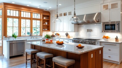 Fototapeta premium A modern kitchen with white cabinets, stainless steel appliances, and a large island with seating.