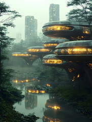 Futuristic city with glowing buildings on stilts over a river in a misty forest.