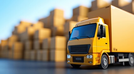 Vibrant Yellow Delivery Truck Surrounded by Stacked Cardboard Boxes in a Warehouse Setting, Symbolizing Efficient Logistics and Transportation Solutions