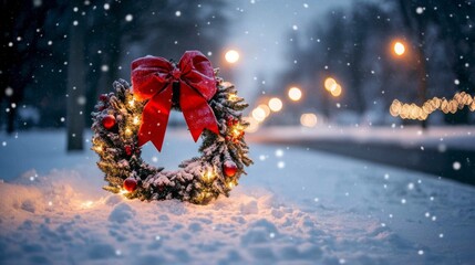 A Snowy Christmas Wreath with Lights and a Red Bow