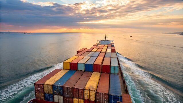 Container Ship Sunset Ocean Voyage Global Trade Maritime Logistics