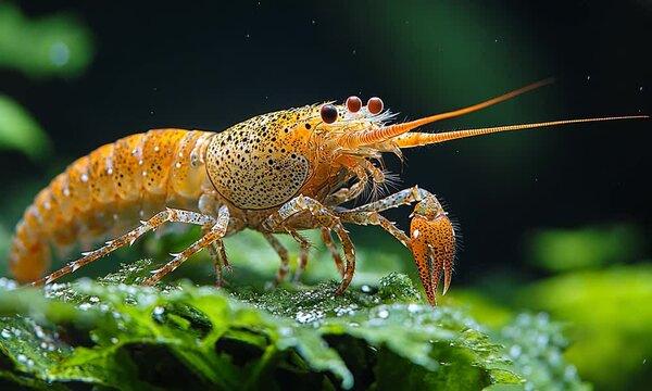 A vibrant orange lobster perched on green foliage underwater.