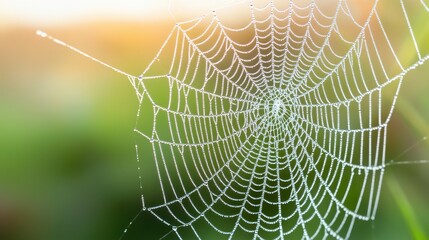 Fototapeta premium Intricate Spider Web Glistening with Morning Dew on a Soft Background of Green Nature, Capturing the Beauty of Natural Architecture and Serenity