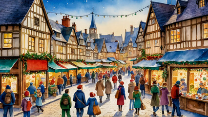 Fototapeta premium European Christmas night market scene with bustling townsfolk, festive stalls, and twinkling lights in town square. Splint style. Watercolor painting. Happy New Year, Merry Christmas vintage postcard
