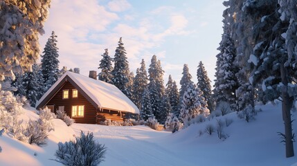 A cozy cabin sits nestled in a snowy forest, glowing with warmth from inside as the sun sets on a winter evening