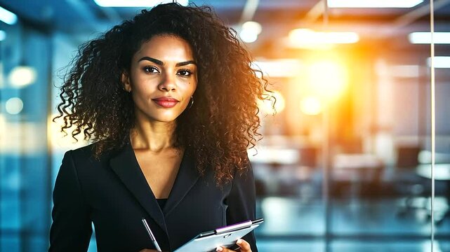 A businesswoman standing in front of a glass office wall, holding a notepad and writing notes, the reflection of a modern conference room visible behind her, creating a professiona