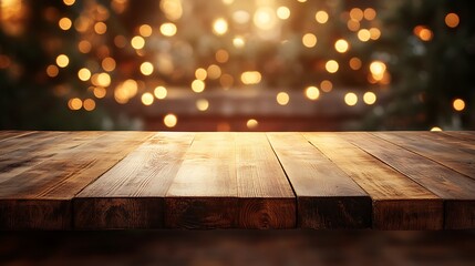 Rustic wooden table, blurred background of twinkling fairy lights, warm golden tones creating a soft festive glow, capturing the essence of holiday magic. --ar 16:9