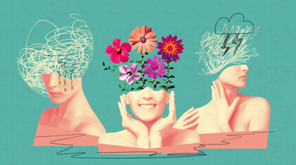 Mental health awareness concept. Happy female head with flowers inside. Mindfulness, positive thinking, self care idea. Concept of comparison with depression and chaos in the head