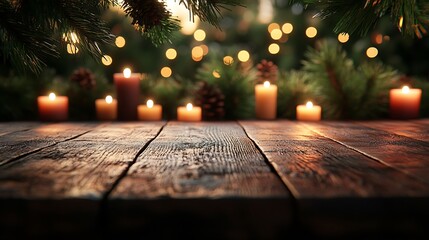 Rustic wooden table with softly blurred pine greenery and glowing candles in the background, creating a warm and natural holiday ambiance, fresh pine forest feel. --ar 16:9