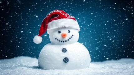 Fototapeta premium Snowman with a Santa Hat in a Snowy Landscape