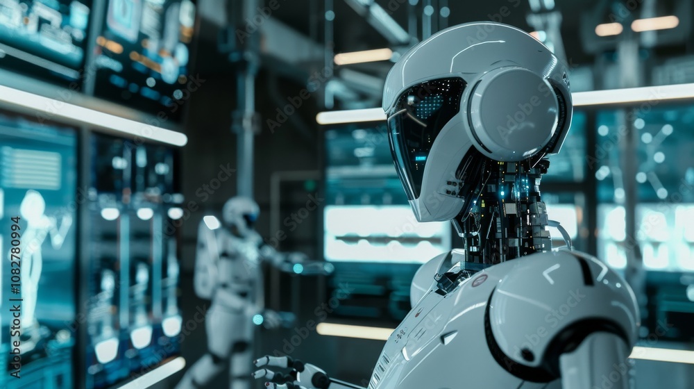 Aufkleber An interactive robotics lab with robot prototypes and programming tools in a futuristic environment, Robotics tools and electronic components organized, Technological photography style
