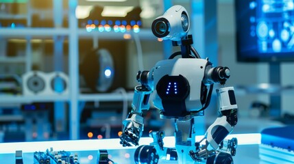 An interactive robotics lab with robot prototypes and programming tools in a futuristic environment, Robotics tools and electronic components organized, Technological photography style